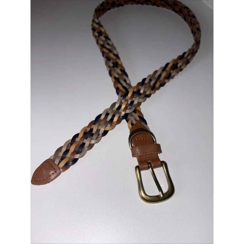 Leather Multicolor Braided Gold Toned Hardware Women's Belt Boho Brown XL